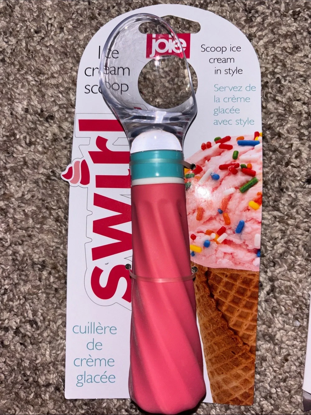 Joie Swirl Ice Cream Scoop and Spoon Set - pink with Teal Accents, Clear Heads